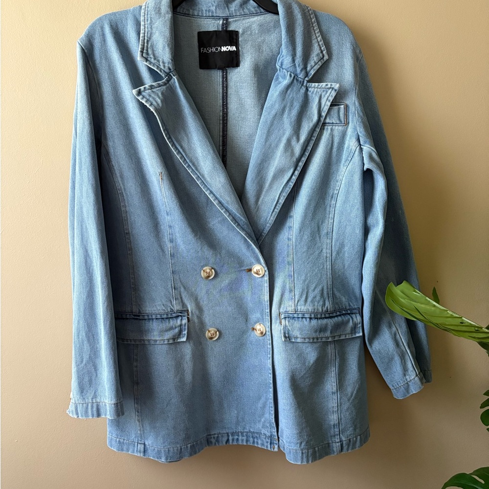 Fashion Nova Light Denim Double-Breasted Blazer